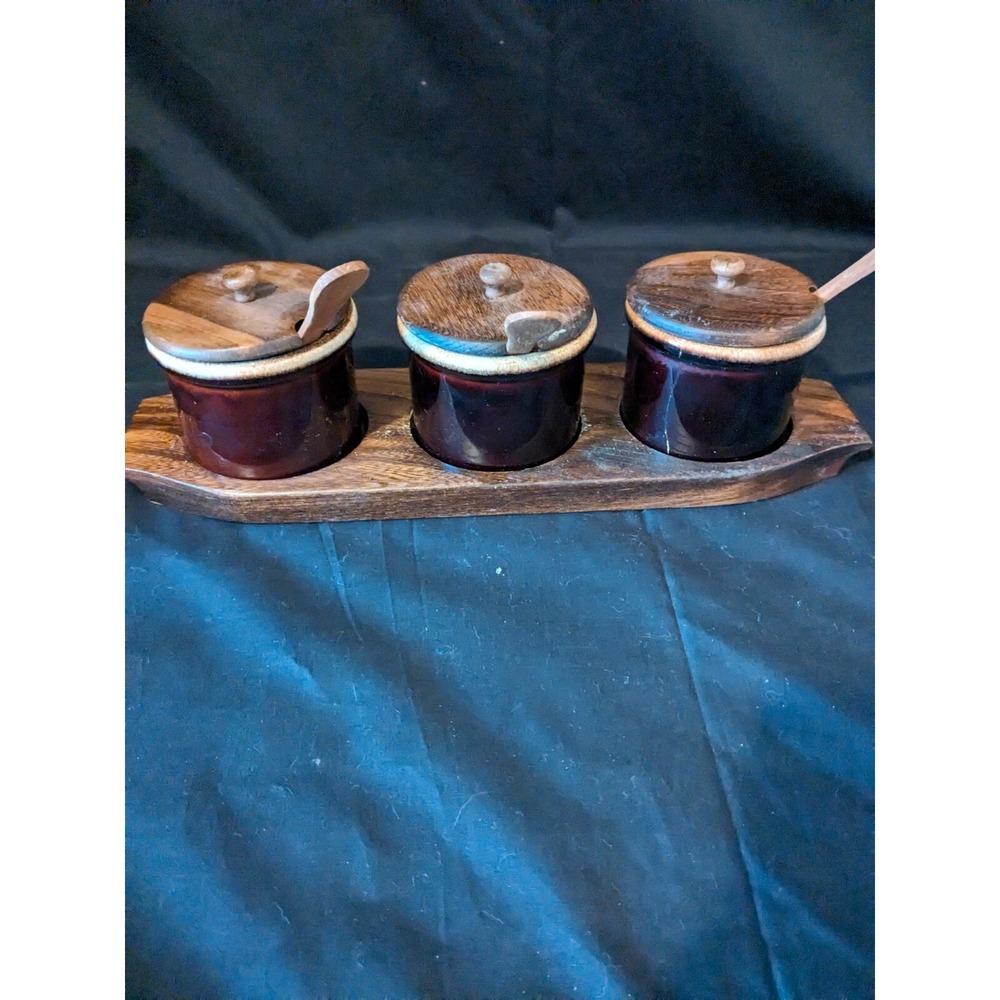 Brown Drip Glaze Jam Set‎ Wood Lids On Wood Tray USA